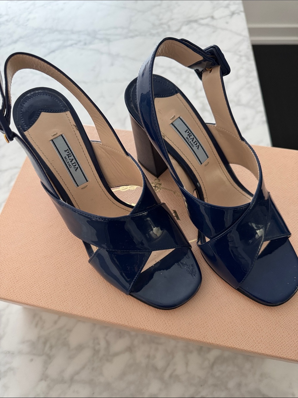 Prada Calzature Donna Navy Patent Leather Slingback Heels 36.5 (fits 36-6)